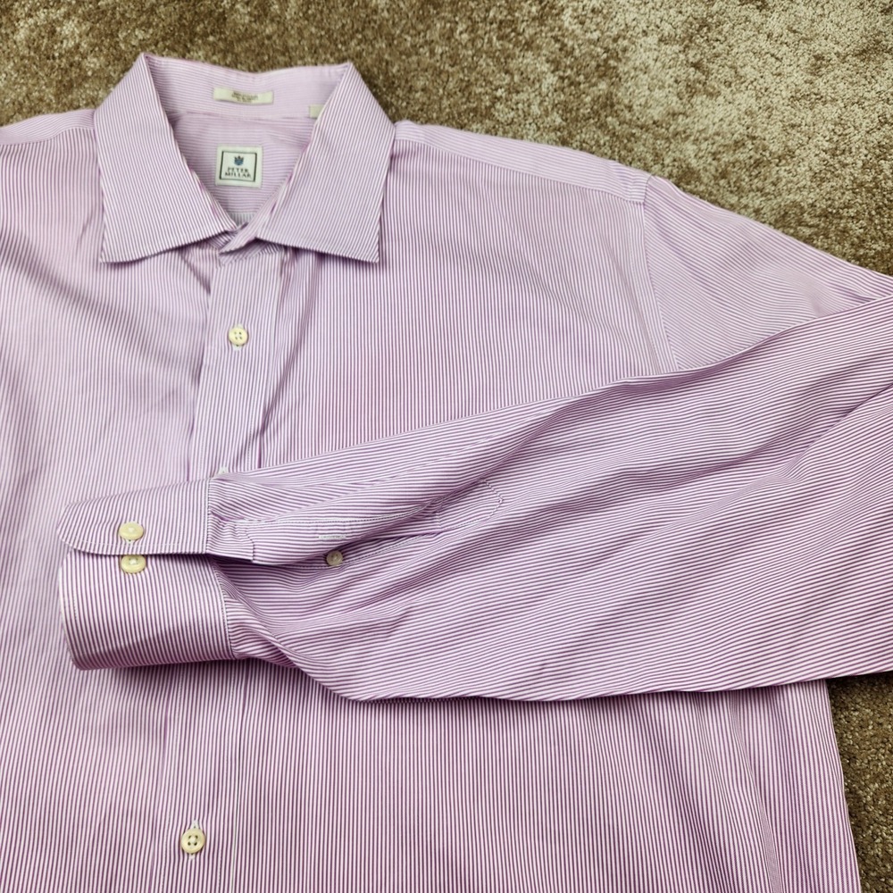 Peter Millar Mens XL 17.5 Dress Shirt Purple White Micro Stripe Cotton Button Up